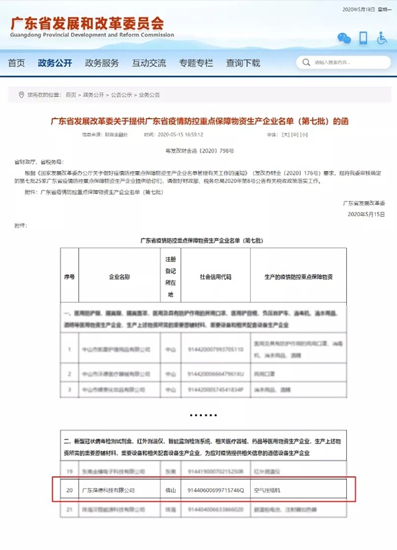 葆德空壓機入選廣東疫情防控重點保障物資生產(chǎn)企業(yè)