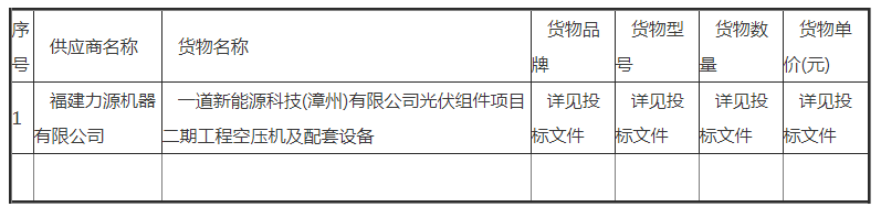 一道新能源科技(漳州)有限公司光伏組件項(xiàng)目二期工程空壓機(jī)及配套設(shè)備中標(biāo)公告